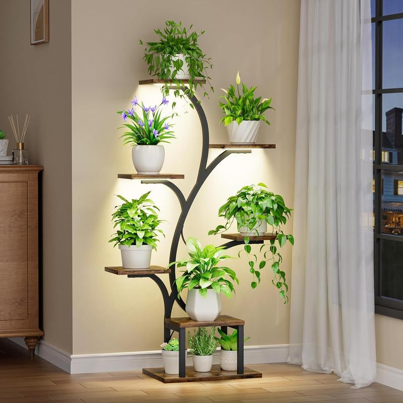 Stylish POZILAN Indoor Plant Stand with Grow Lights – Metal Tree-Shaped Shelf for Your Home & Patio in Elegant Black